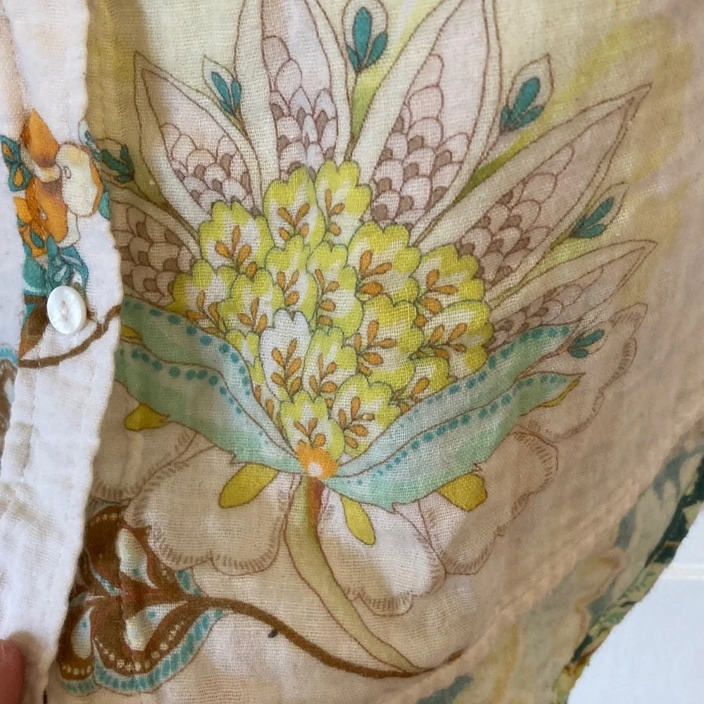 Lightweight Floral Button-Down Shirt - White with Green & Yellow Print - Picture 7 of 13